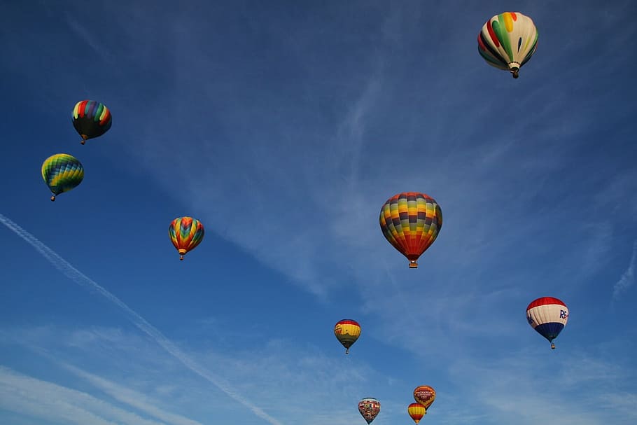 surtido, usado, caliente, globos de aire, globos, aire caliente, levantamiento, cielo, colorido, vuelo