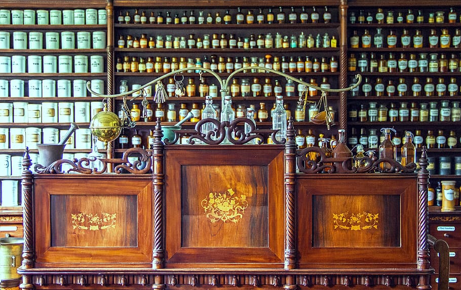 brown, wooden, sideboard, assorted, bottles, pharmacy, counter, medical, historical pharmacy counter, wooden desk