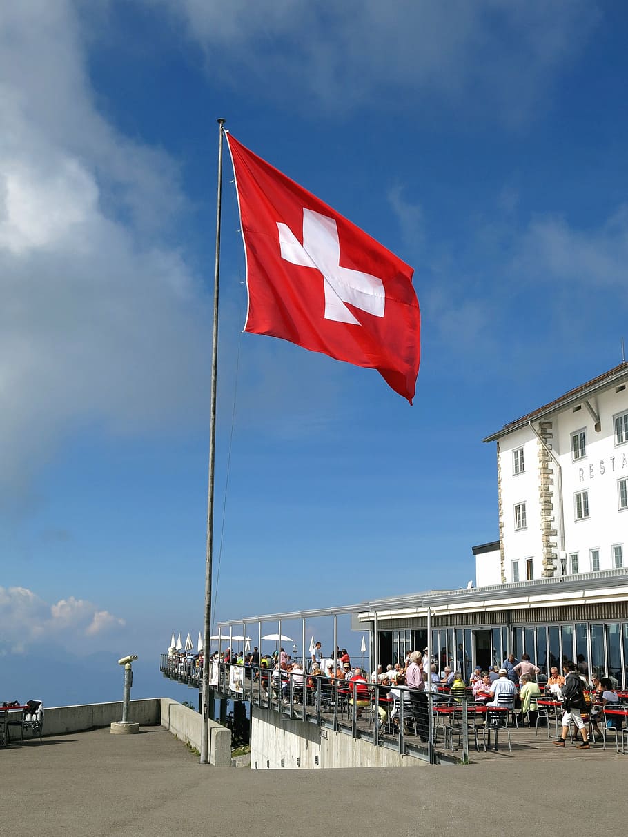 rigi, summit, hotel, view, alpine, switzerland, holiday, mountains, flag, swiss flag