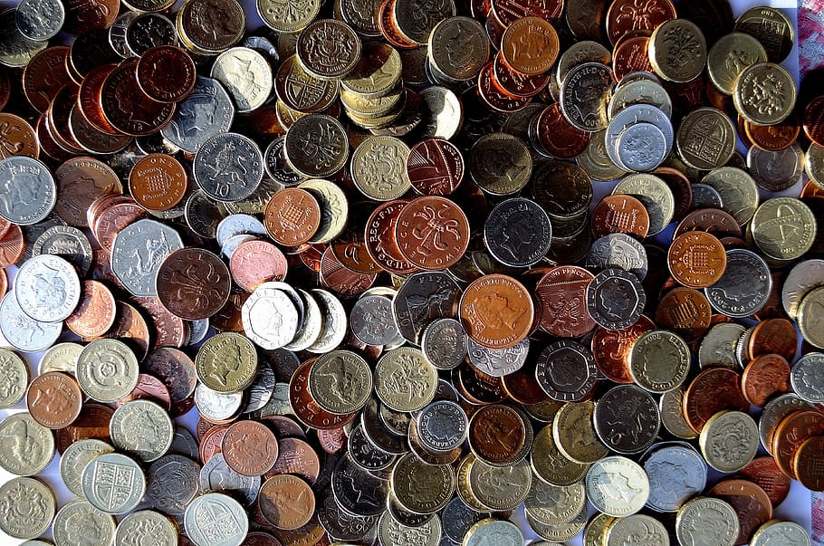rodada coleção de moedas de cores sortidas, plano de fundo, dinheiro, libras, negócios, símbolos, unidos, reino, moeda, força