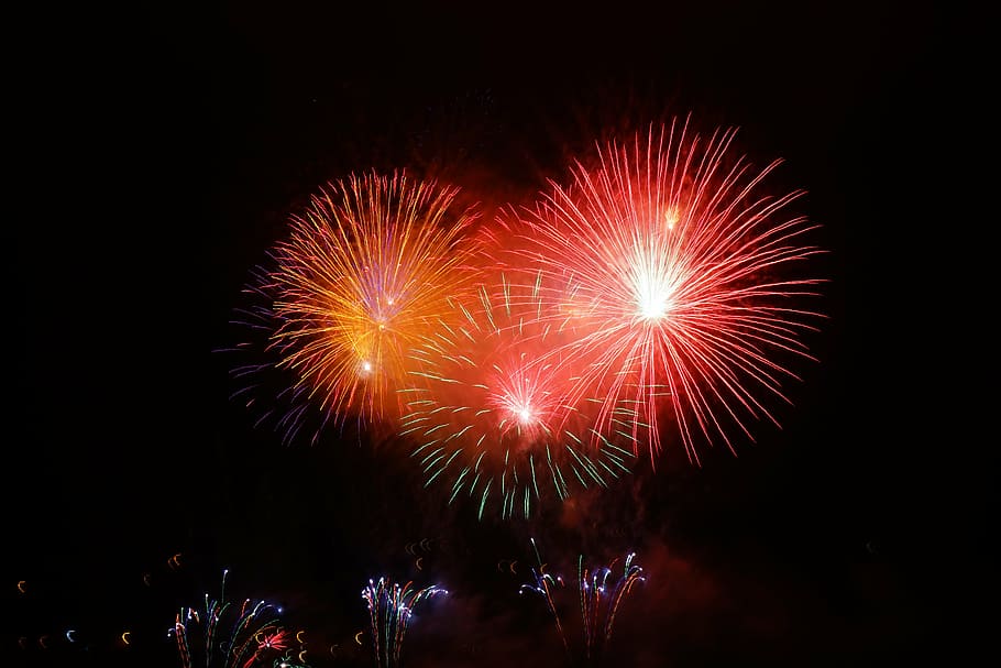 timelapse photography, fireworks, night time, rocket, red, orange, new year's eve, shower of sparks, pyrotechnics, new year's day