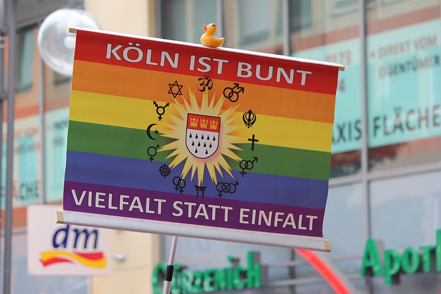 shield, cologne, flag, colorful csd, street festival, street parade, communication, text, western script, sign