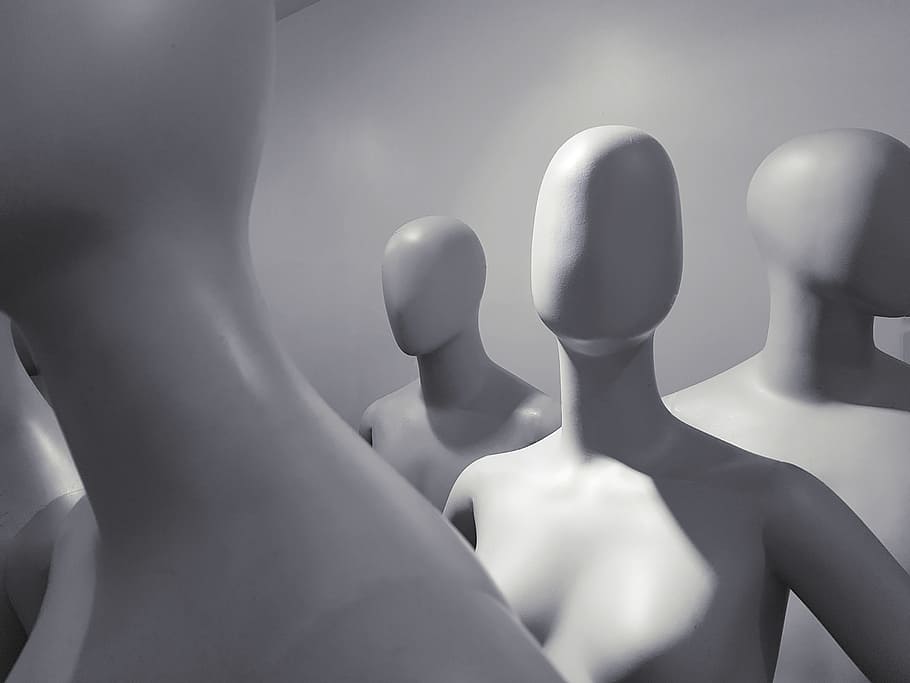 selective, focus photo, white, mannequins, inside, room, mannequin, alone, attention, man
