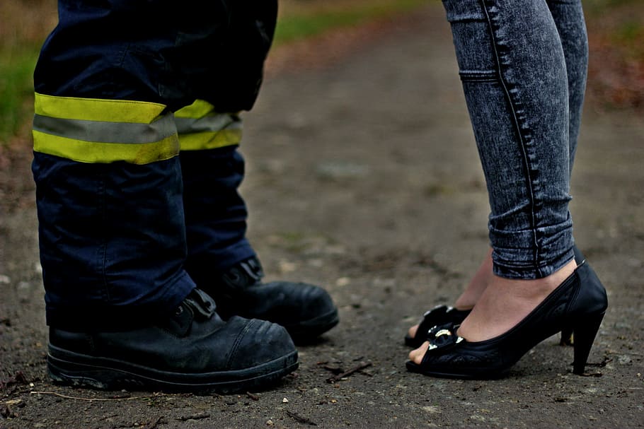 fire boots, heels, boy, girl, path, two people, low section, shoe, human leg, human body part