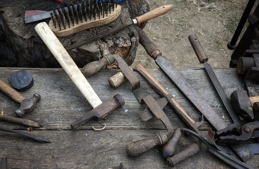 tools, hammer, file, blacksmith, metal, craft, work tool, wood - material, hand tool, still life