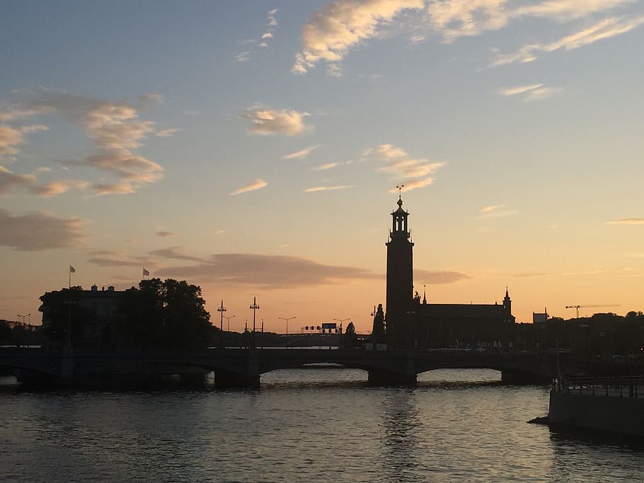 stockholm, city hall, architecture, building, sweden, scandinavia, capital, cityscape, sunset, built structure