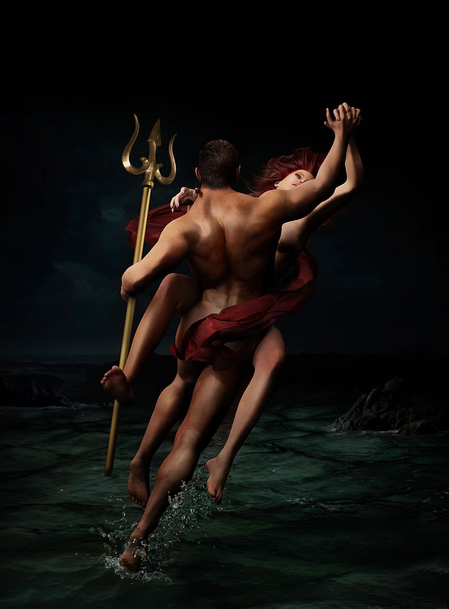 wanita, pria, memegang, trisula, tubuh, ilustrasi air, poseidon, mitos, mitologi, neptune