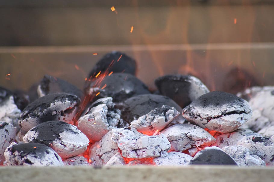 charcoal, briquettes, embers, barbecue, carbon, heat, hot, grill, glow, burning