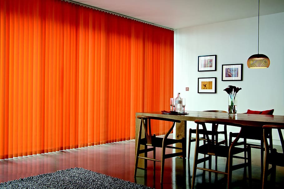drapes, vertical, orange tree, living room, table, seat, furniture, indoors, chair, absence