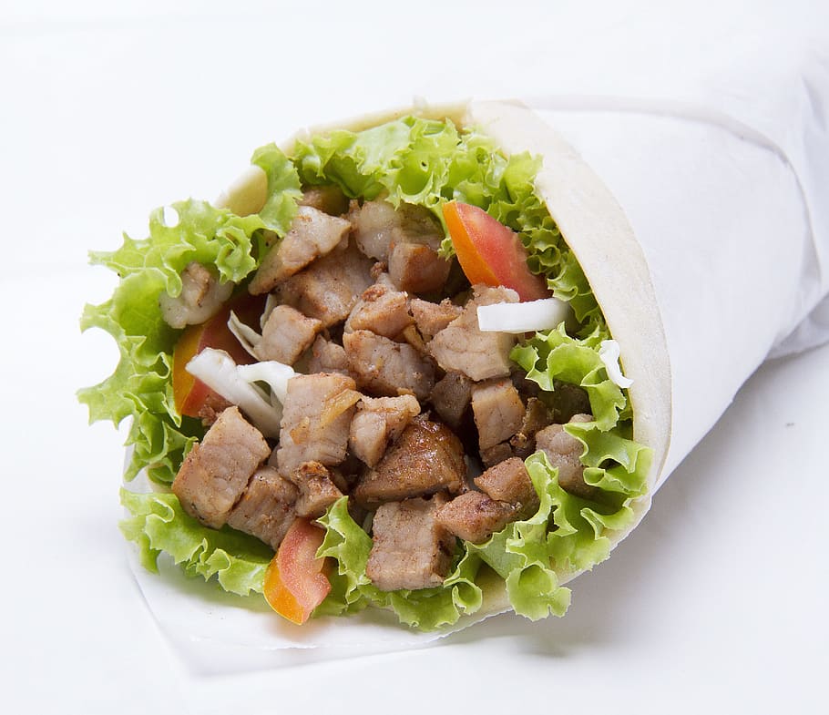 cooked shawarma, Kebab, Sandwich, Pork, Food, Fast, Meal, lunch, meat, tomato