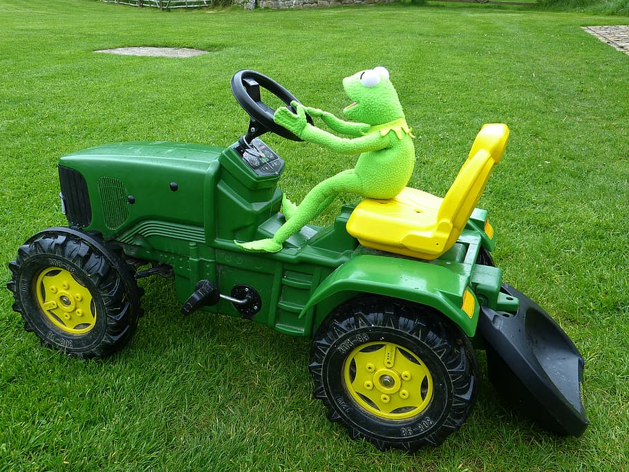tractor, drive, toys, kermit, frog, green color, grass, toy, field, plant