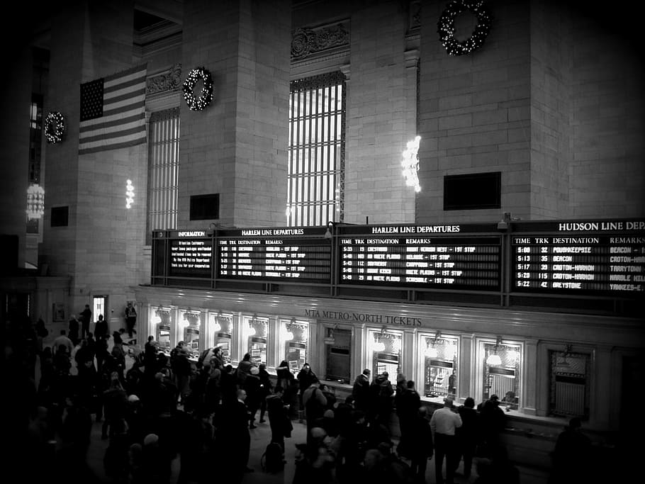 центральный вокзал, Нью-Йорк, терминал, манхэттен, вокзал, поезд, метро, ​​железная дорога, люди, черный и белый