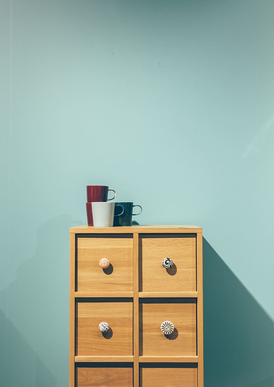minimal, furniture, drawers, cup, interior, design, pastel, indoors, drawer, wall - building feature