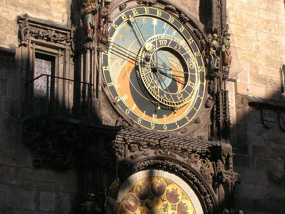 brown, yellow, outdoor, clock landmark, prague, astronomical clock, famous, antique, clock, old