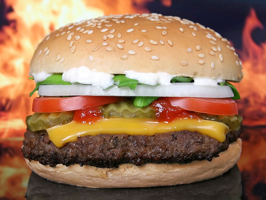 hamburger, cheese tomatoes onions, sesame seed buns, cheese, tomatoes, onions, sesame seed, buns, abstract, barbeque