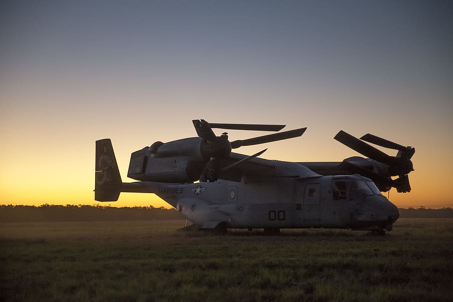 mv-22b osprey, usmc, united states marine corps, folded, helicopter, plane, aviation, aircraft, sunset, sky