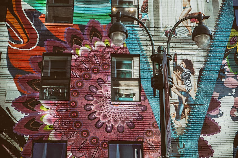 coloured, wall art mural, captured, midtown, manhattan, new, york city, Brightly, mural, Midtown Manhattan
