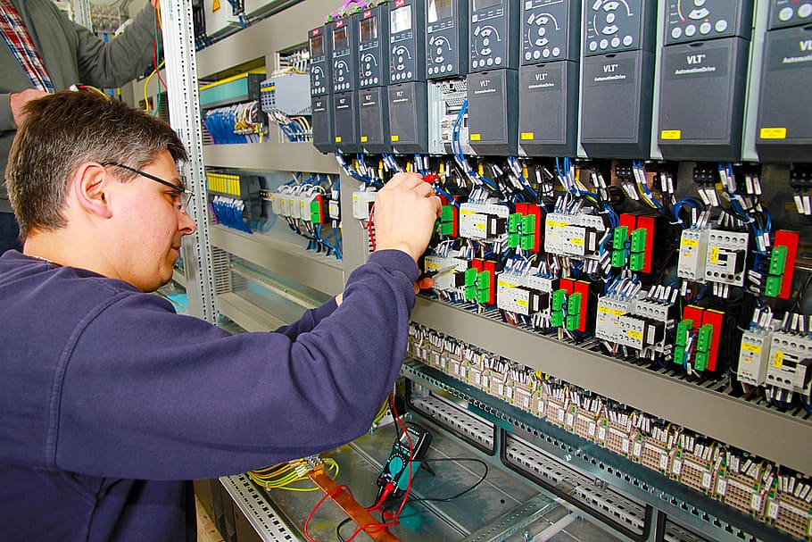 person, fixing, circuit breaker, control cabinet, power plant, automation, profession, staff, work, workplace