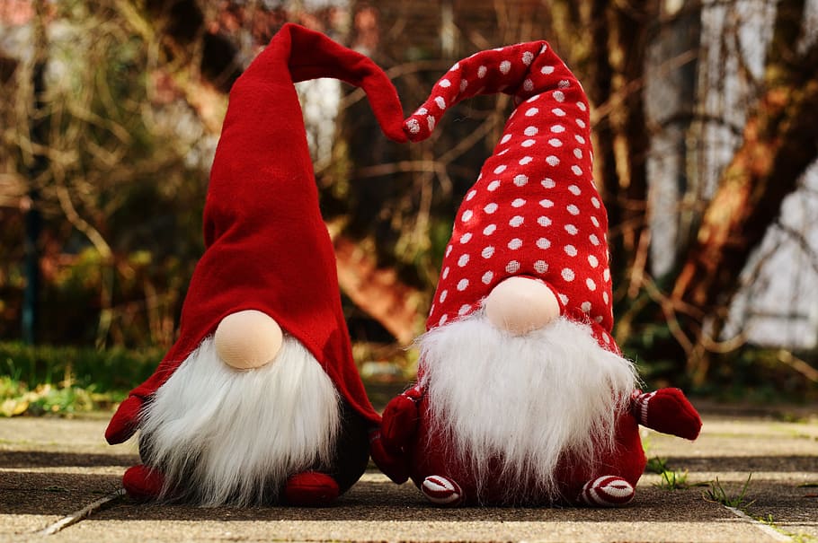 two, red-and-white, gnome, plush, toys, gray, surface, imp, pair, funny