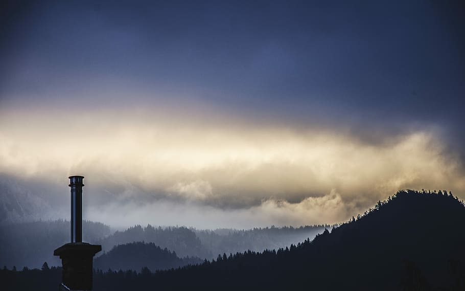 silhouette, light tower, mountain, cloudy, day, chimney, nature, pollution, sky, cloud - Sky
