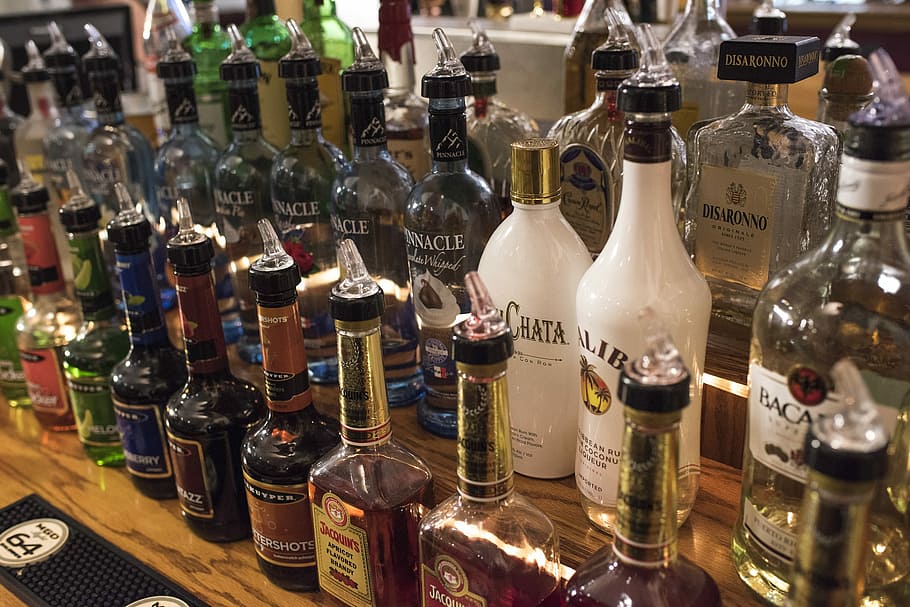 assorted alcohol bottles, Alcohol, Glass Bottles, Bartending, Bar, drink, restaurant, beverage, pinnacle, rum chata