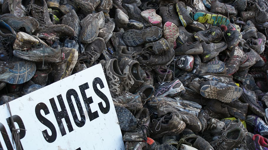 shoes, mud, dirty, old, worn, sneakers, trash, text, day, communication