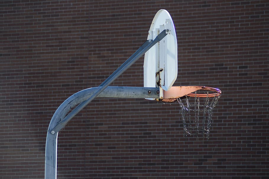 basketball hoop, basketball, rusty, sport, game, backboard, dunk, orange, one person, day