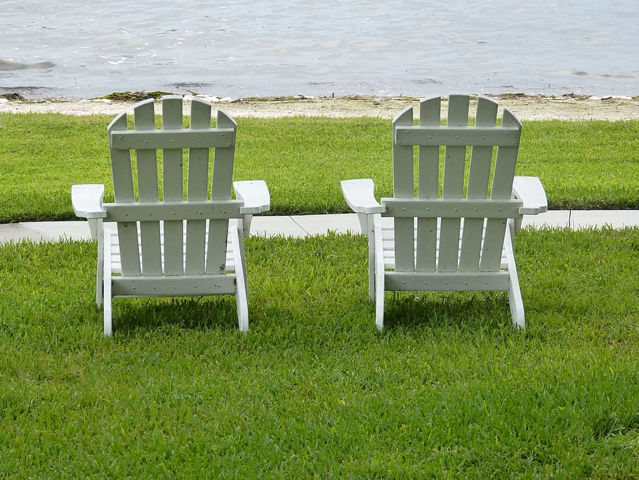 Adirondack, Chairs, Lake, adirondack chairs, relaxing, wooden chairs, florida, summer, vacation, grass
