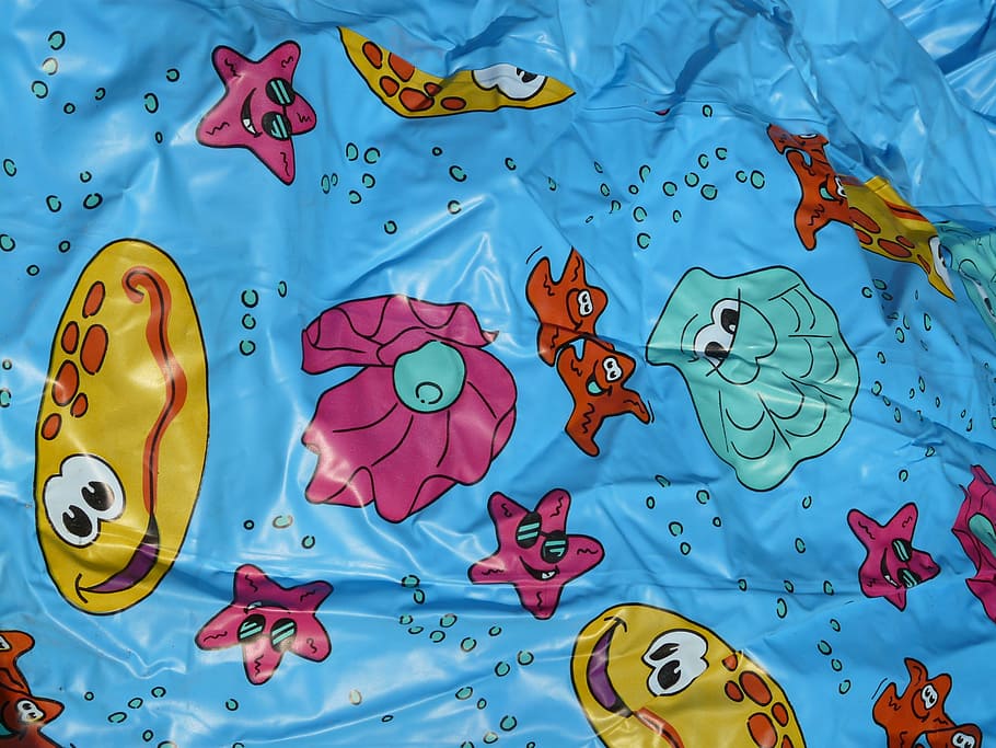 plastic wrap, comic figures, funny, printed, starfish, shell, blue, slide, colorful, color