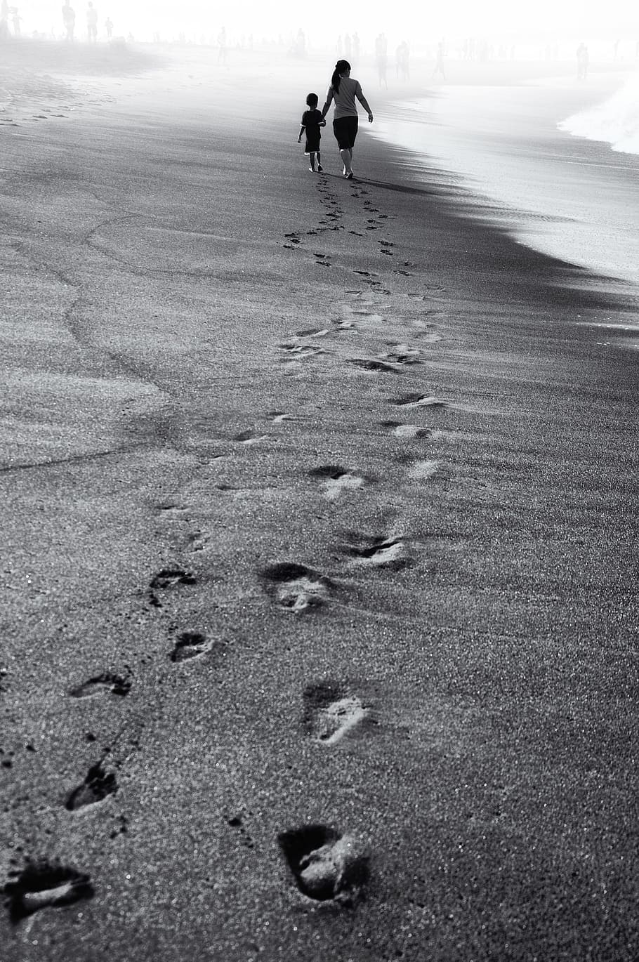 boy, girl foot prints, sand, nature, people, beach, humans, family, black and white, land