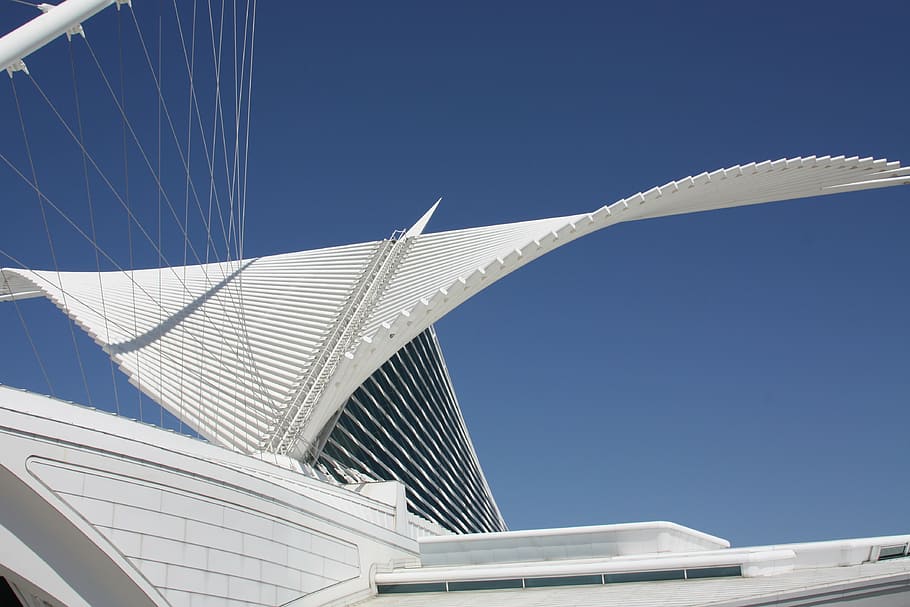 architecture, modern, milwaukee, art museum, roof, artwork, art, sky, low angle view, built structure