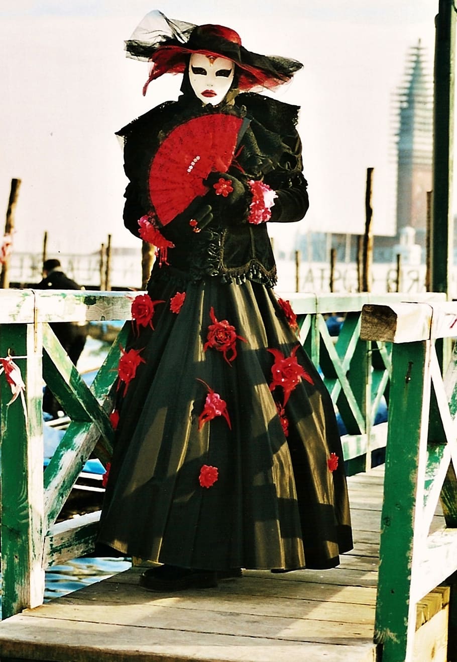 woman, black, red, floral, maxi dress, wooden, bridge, mask, carnival, clothing