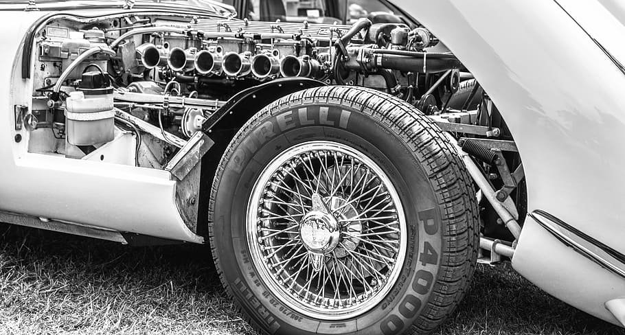 foto em escala de cinza, vintage, veículo, onça-pintada, carro, motor, pirelli, máquina, automático, mecânico