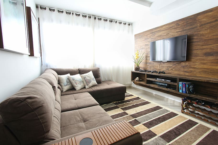 тафтинговый, коричневый, секционный, диван, современный, деревянный, телевизор, фото, гостиная, ткань
