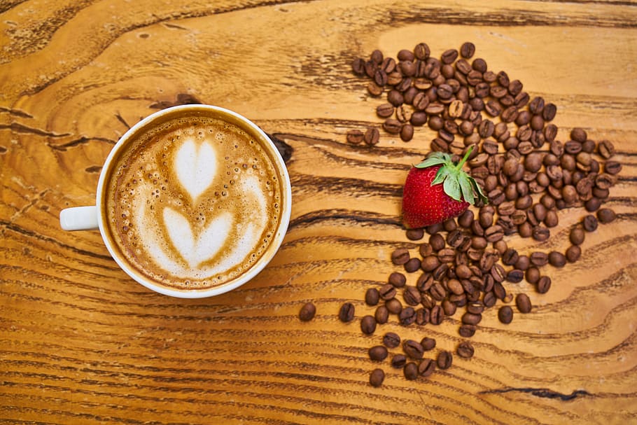 coffee, latte, core, strawberry, red, milk, foam, table, cappuccino, cup