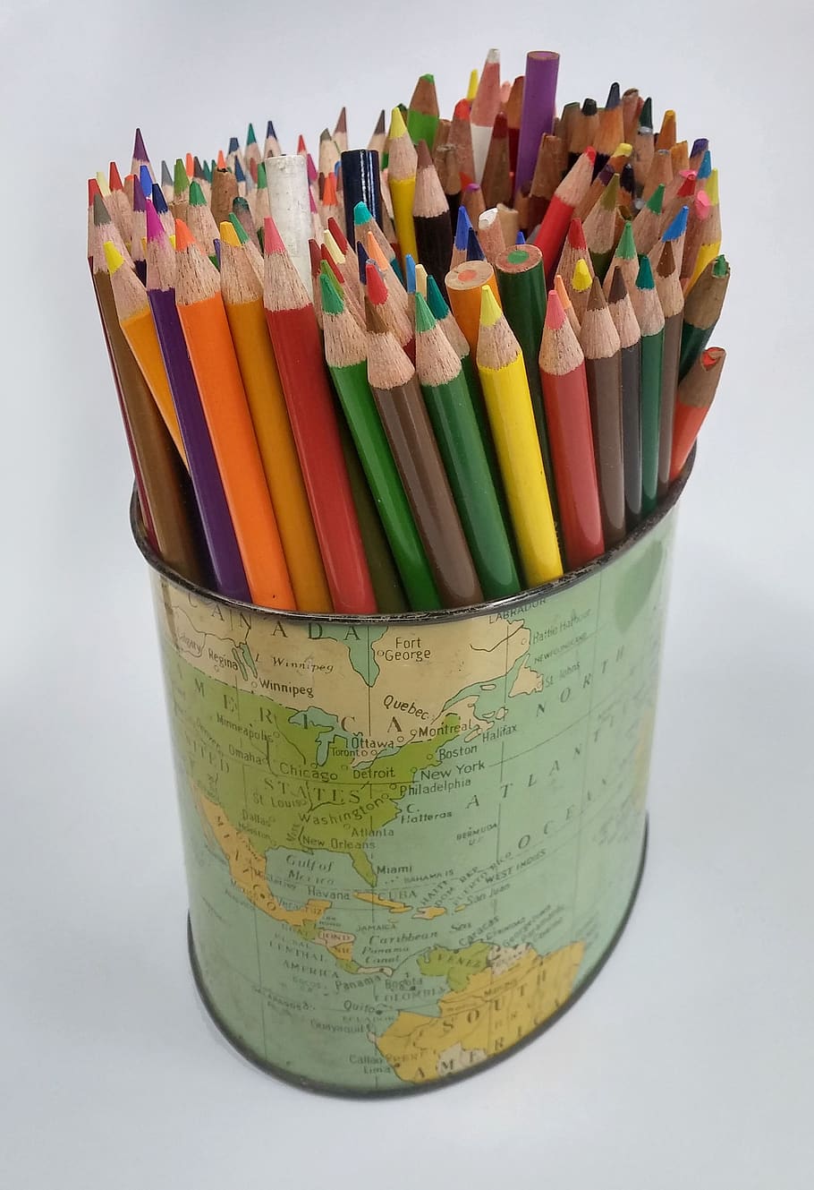 colored pencils, school, map, pencil holder, colour, multi colored, white background, indoors, still life, studio shot