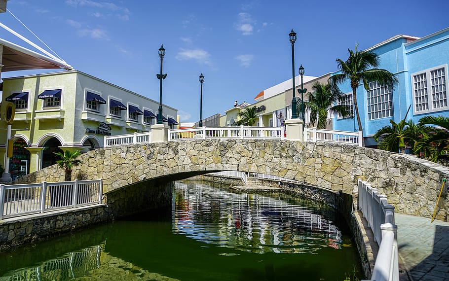 Cancun, México, Ponte, Canal, Centro da cidade, tropical, Caribe, turismo, férias, palma