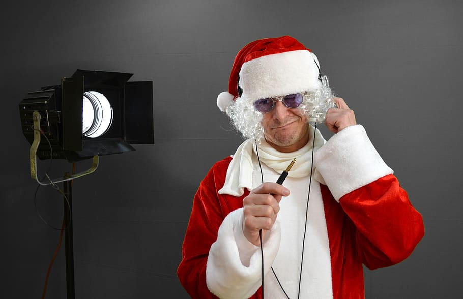 man, wearing, santa claus costume, christmas, xmas, santa, nicholas, santa claus, headphones, plug