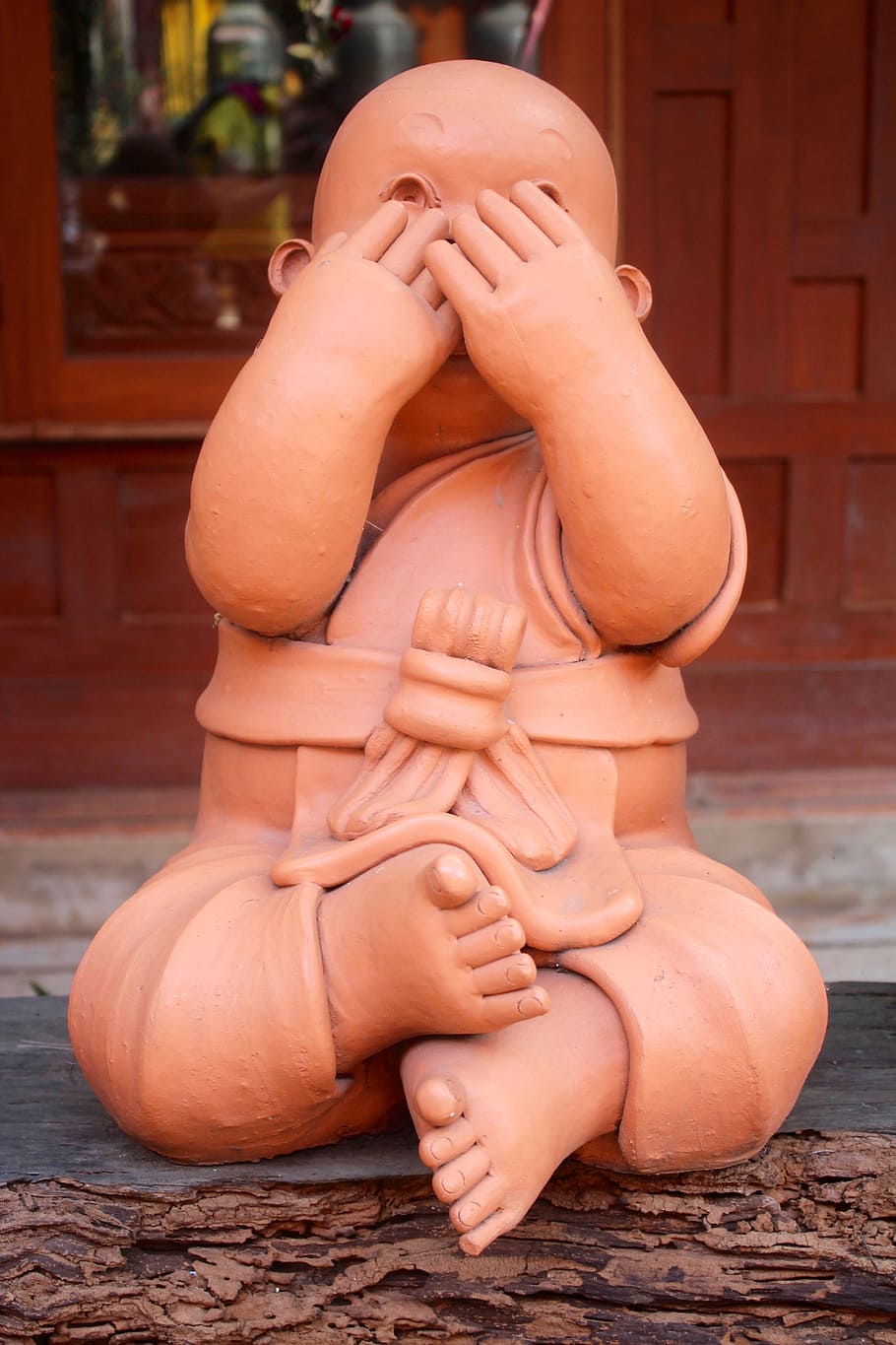 brown, ceramic, figurine, boy, gray, wooden, surface, buddha, figures, stone figure