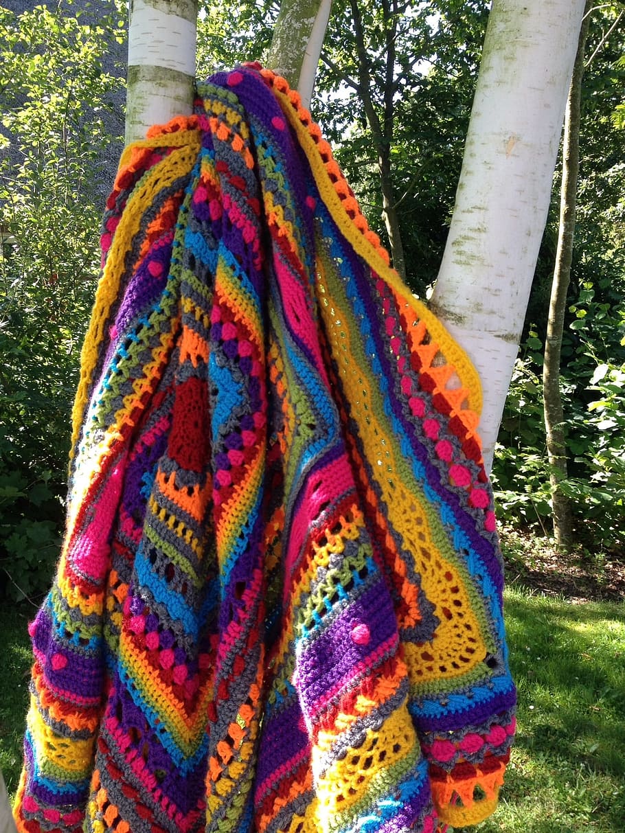 Blanket, Colors, Hooks, Hand, hand made, knitted fabric, multi colored, wool, knitting, textile