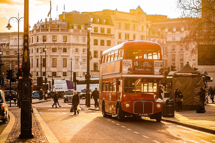 Vintage, London Bus, Sunset, ônibus, londres, viagens, cena urbana, pessoas, rua, tráfego