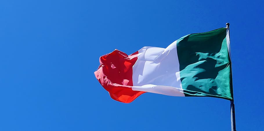itália, bandeira, europa, verão, céu azul, meio ambiente, azul, céu, vento, patriotismo