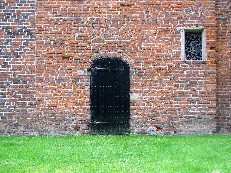 monastery wall, door, medieval stained glass, roman bricks, brickwork, built structure, architecture, brick wall, brick, building exterior