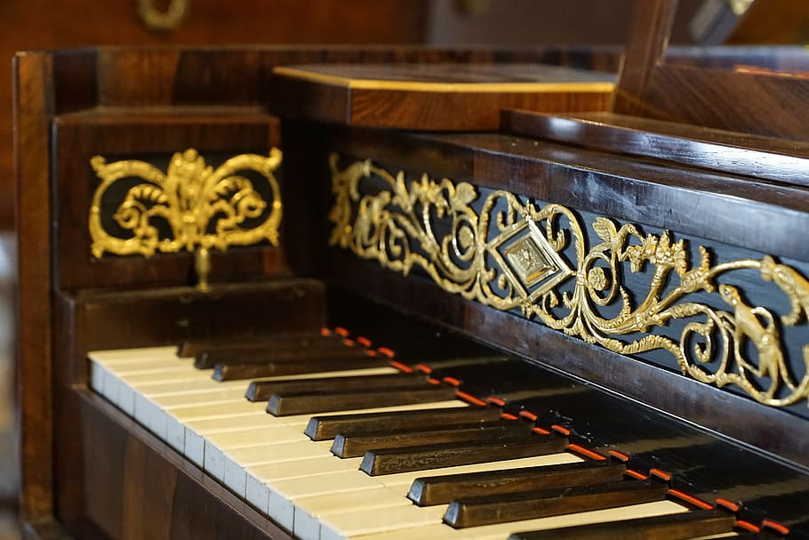 piano, keys, instrument, music, piano keys, keyboard, old, antique, wood, pattern