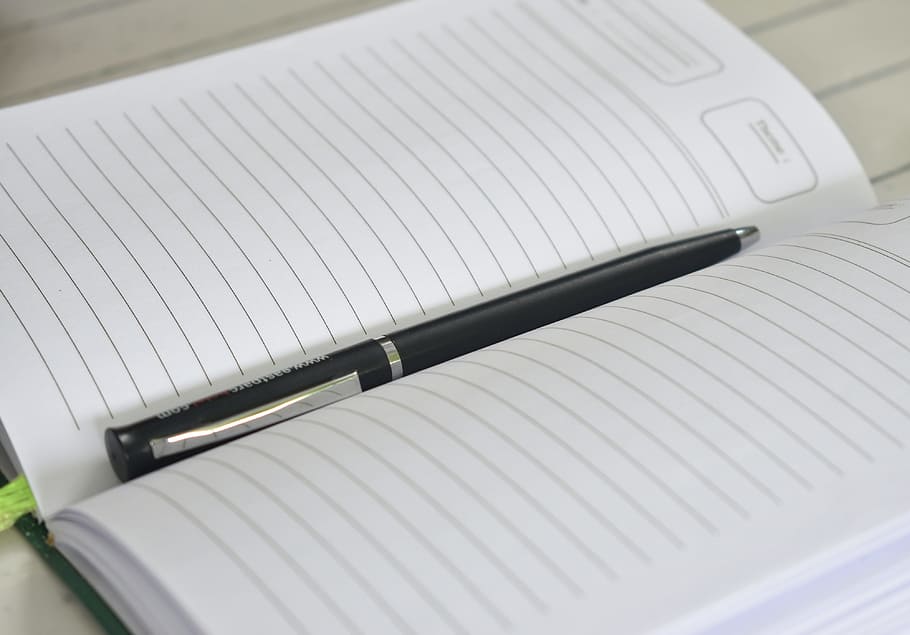 black, click pen, white, rulednotebook, book, pen, notebook, business, desk, education