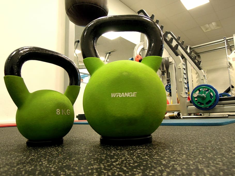 two, wrange kettle dumbbells, weights, kettlebell, in the gym, fitness, sports, weight, training, indoors
