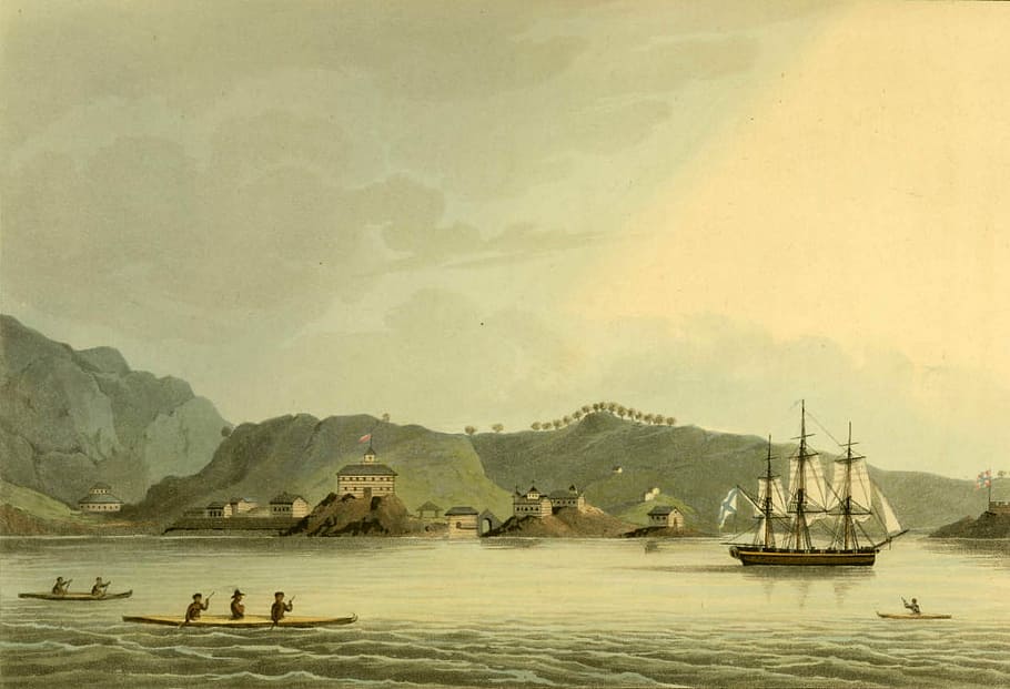 russian sloop, war neva visits kodiak, alaska, 1805, Russian, sloop of war, Neva, Kodiak, Alaska, artwork, drawing