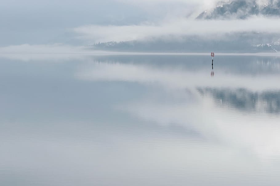 body of water, sea, fog, pond, clouds, mountains, adventure, trees, nature, view