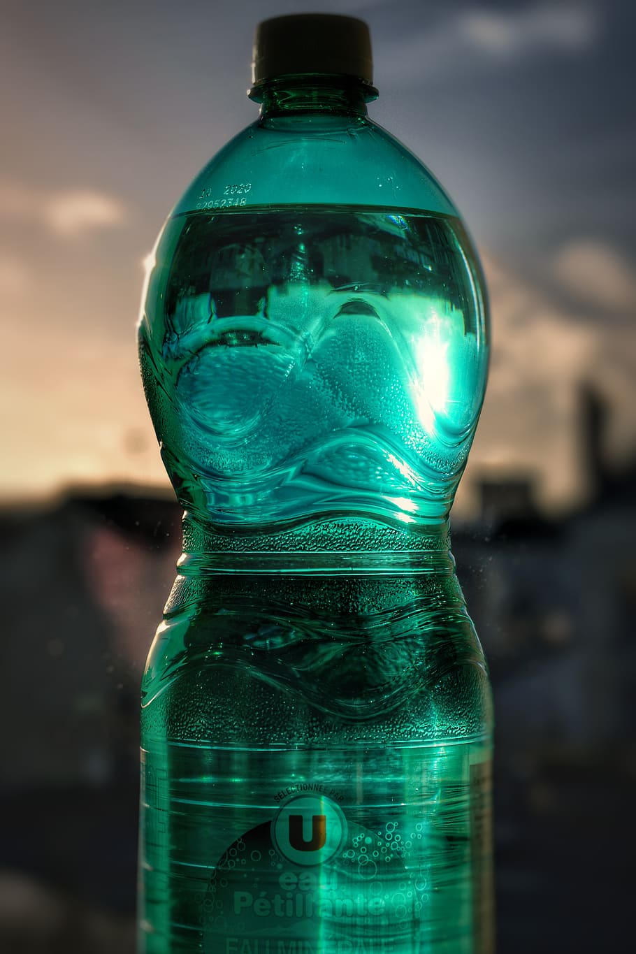 plastic bottle, water, sparkling water, mineral water, clear, bottle, sky, green color, close-up, cloud - sky