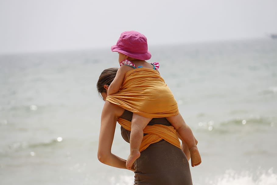 woman, carrying, child, seashore, transport, mother, daughter, mother's love, girl, love